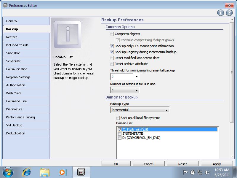 Selection of C in backup preferences tab