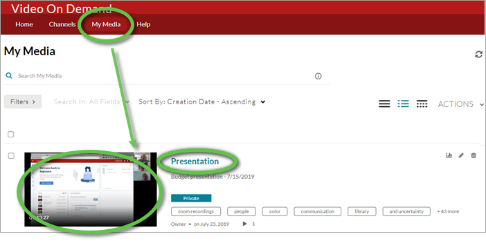 Video on Demand interface showing My Media link at the top and a typical video item listing with thumbnail image from the video and the video item name.